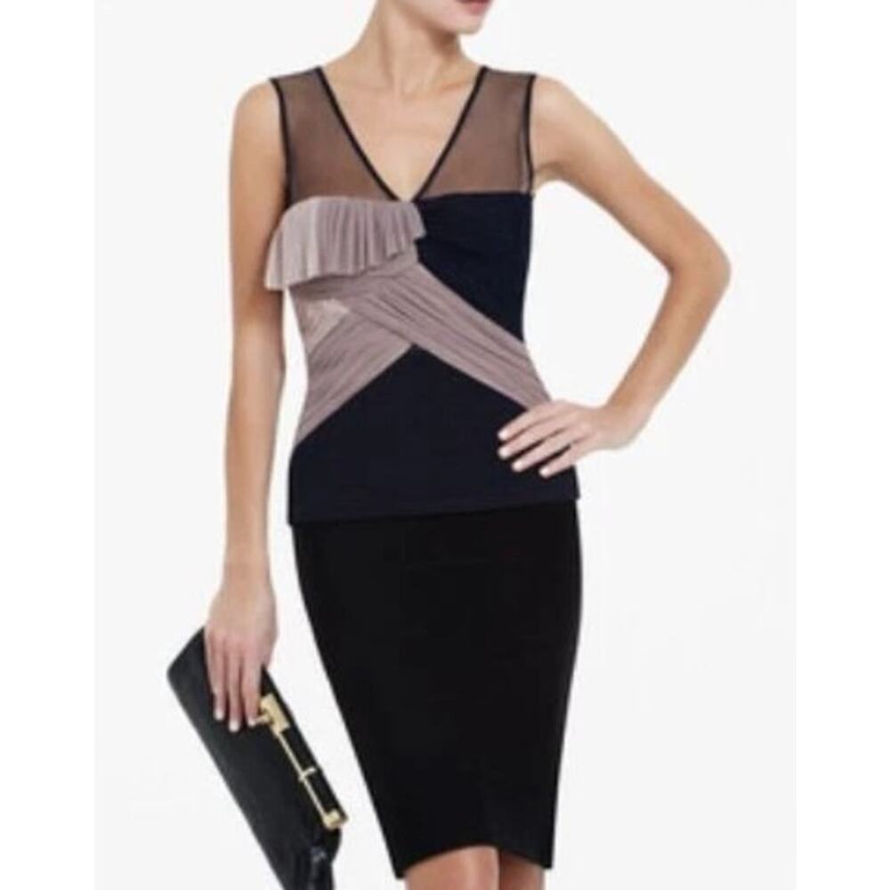 BCBGMaxAzria Black and Taupe Sleeveless Mesh Accent Top